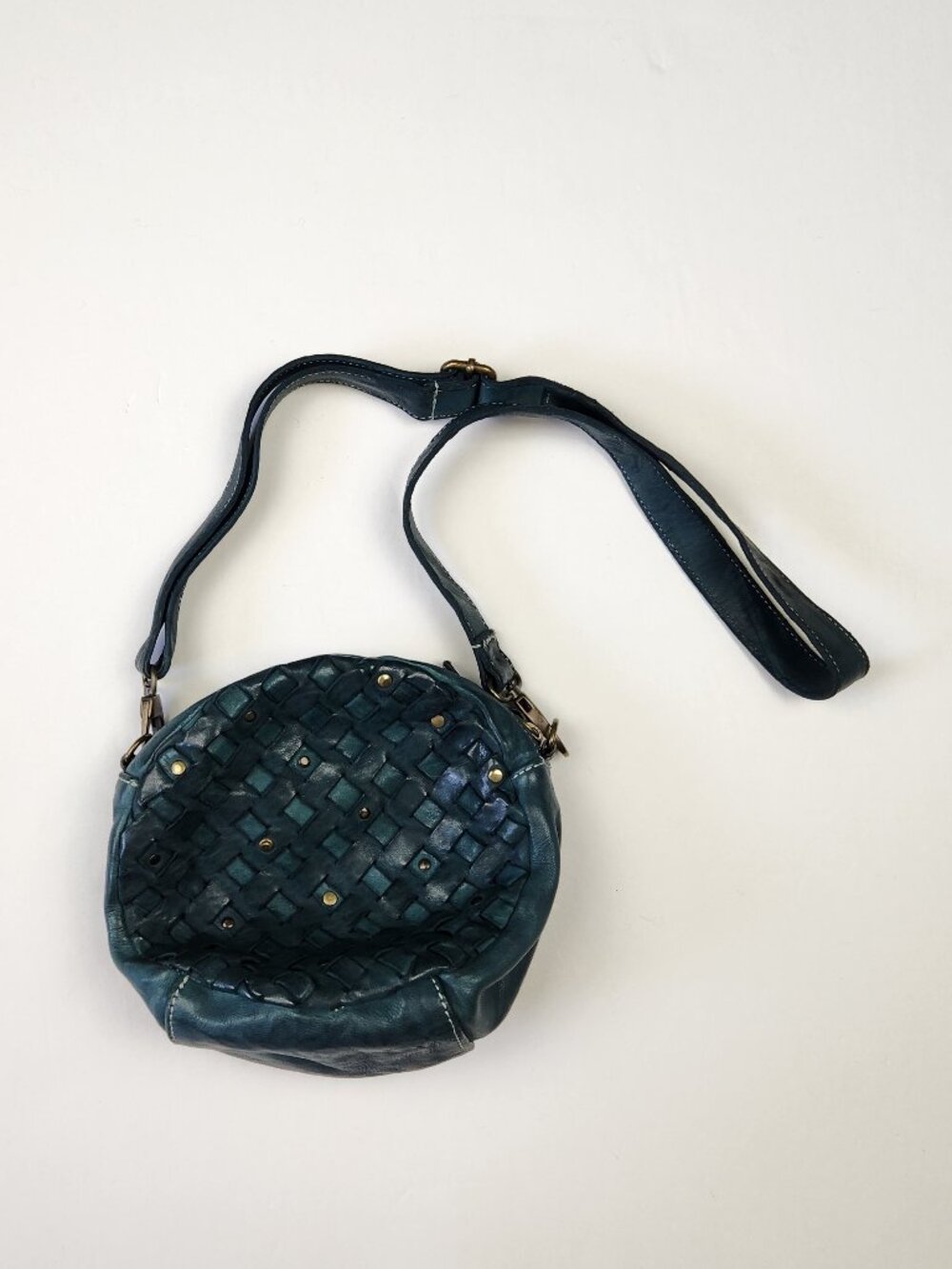 Sundance Woven Leather Round Crossbody Purse Bag Dark Teal Blue